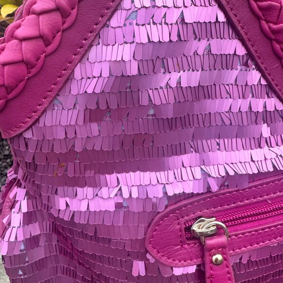 Sharif Designed in New York Pink Leather Sequin Fringe Shoulder Bag Magenta - Picture 14 of 17